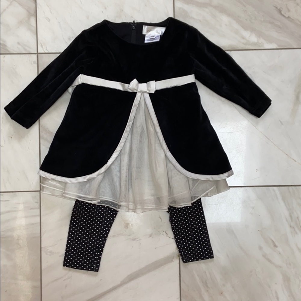 Black & white velvet top with polka dot pants 24mo